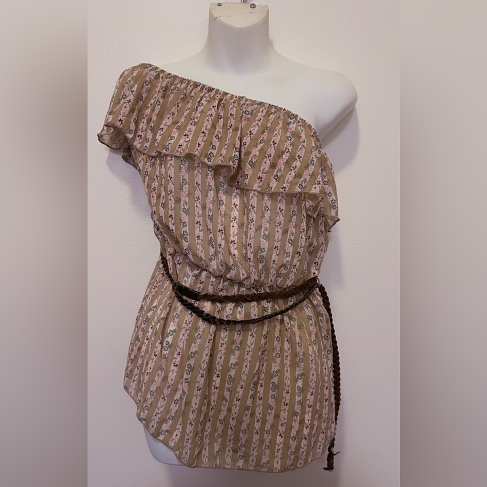 Daisy One-Shoulder Tan Striped Floral Ruffle Tunic